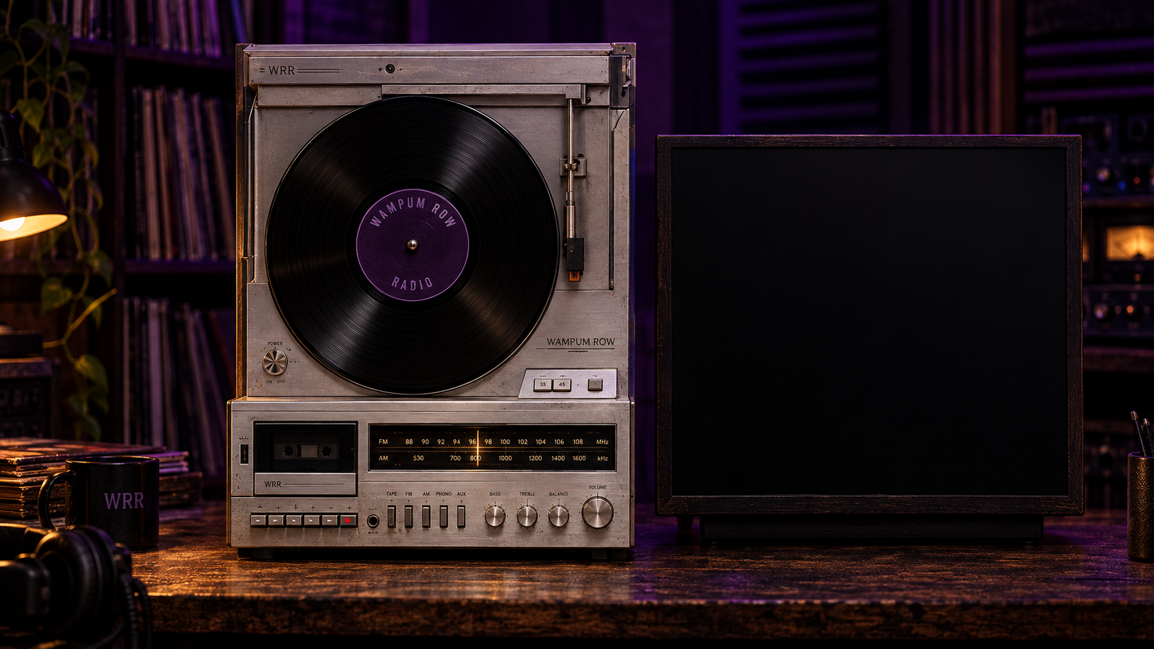 Wampum Row vertical record player in a purple-lit studio